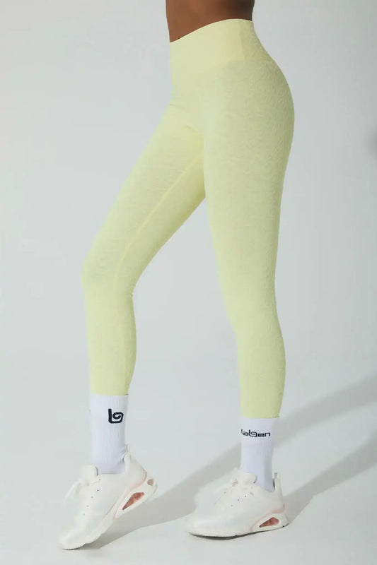 Olaben Déese Fleur 3D Leggings in Yellow Pearl — 3D embossed soft yellow activewear, hero shot