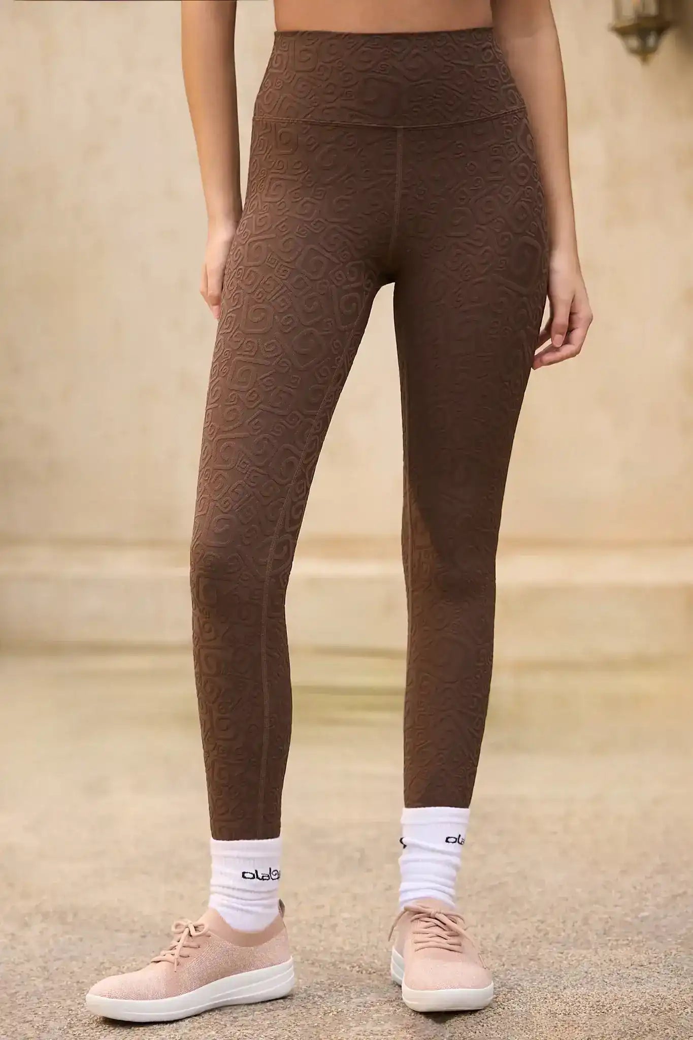 Olaben Déese Fleur 3D Leggings in Mocha — 3D embossed activewear, full-body styled shot