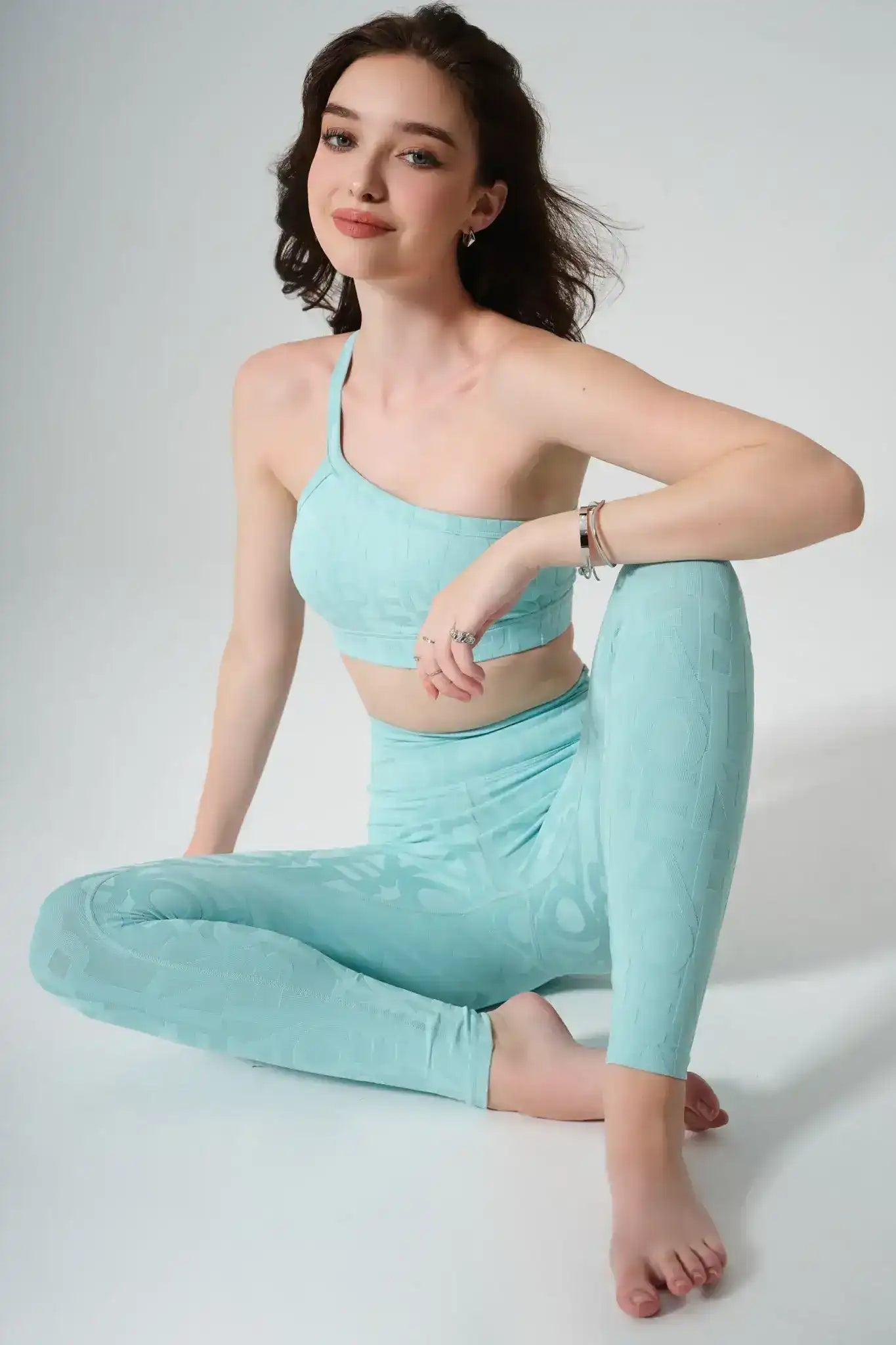 Olaben Classic Déese Fleur Legging 3D in Aqua Green — lifestyle shot, 3D embossed sculpting legging on model