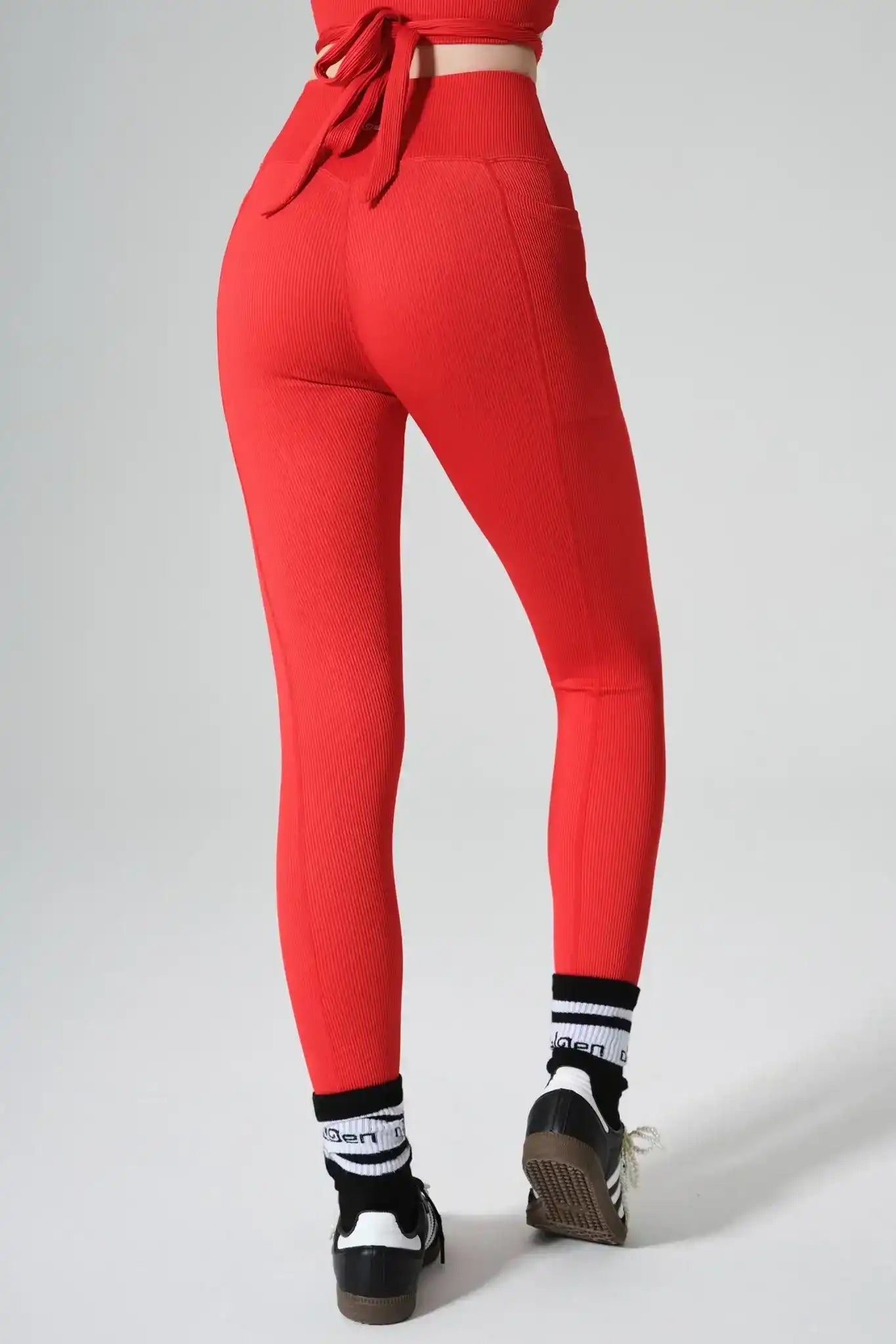 Olaben Selah High Waist Leggings in Savvy Red — sculpting high-waist legging, styled view