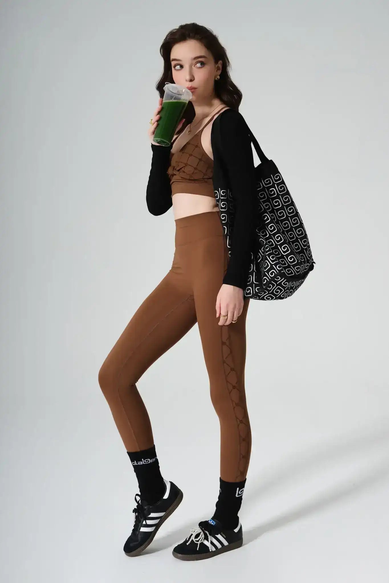 Olaben Zoe Monogram Leggings in Gingerbread — monogram-print sculpting legging, full-body view