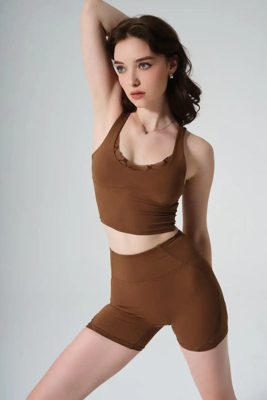 Olaben Sylvie Monogram Bra in Gingerbread — monogram-print bra, hero shot