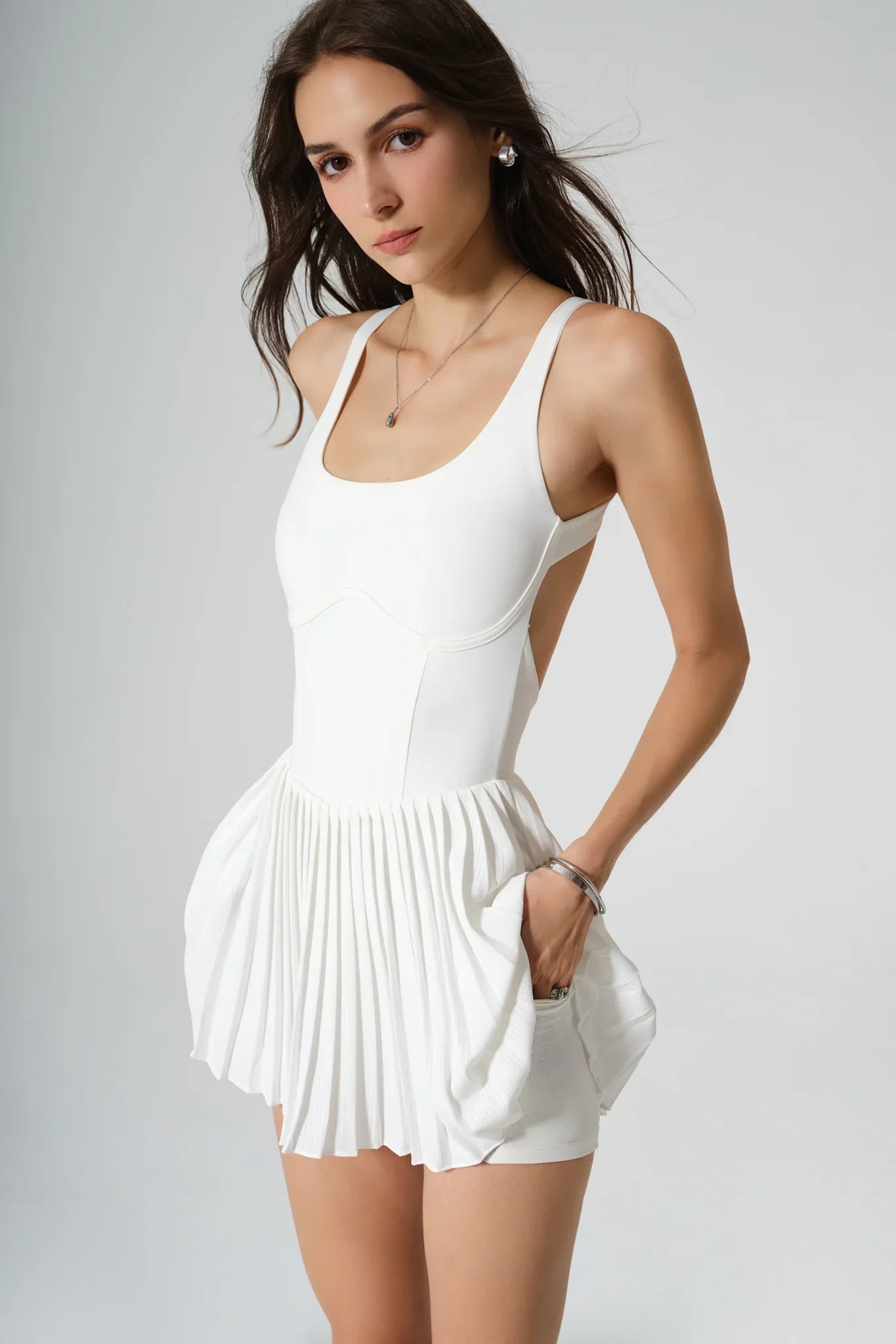 Active Open Back Pleated Dress - White - Olaben - Womens Dress