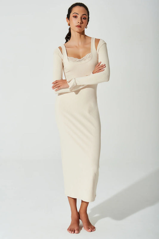Mina Ribbed Dress - Cream - Olaben - Womens Dress