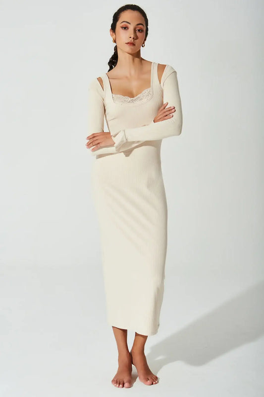 Mina Ribbed Dress - Cream - Olaben