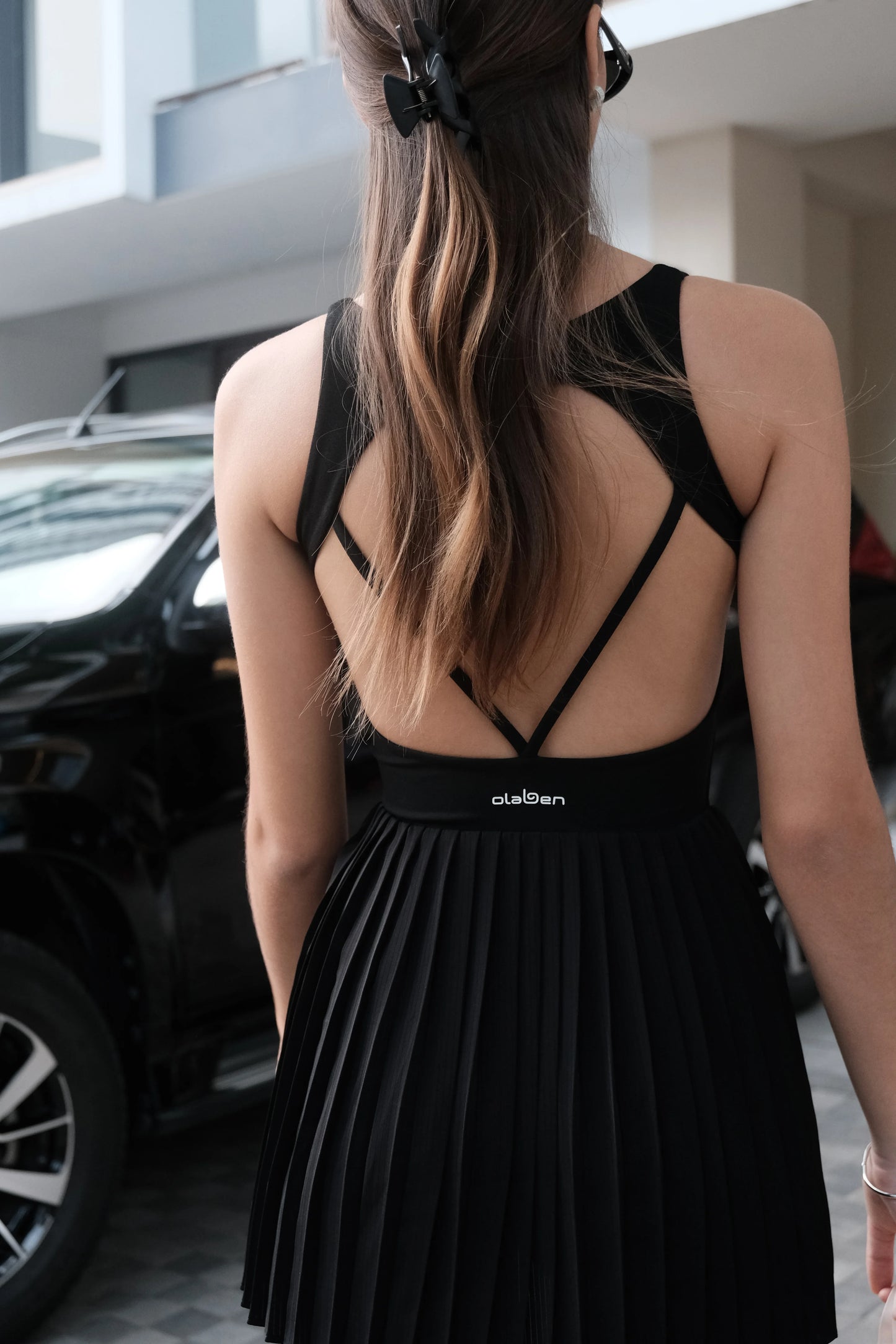 Active Open Back Pleated Dress - Black - Olaben - Womens Dress