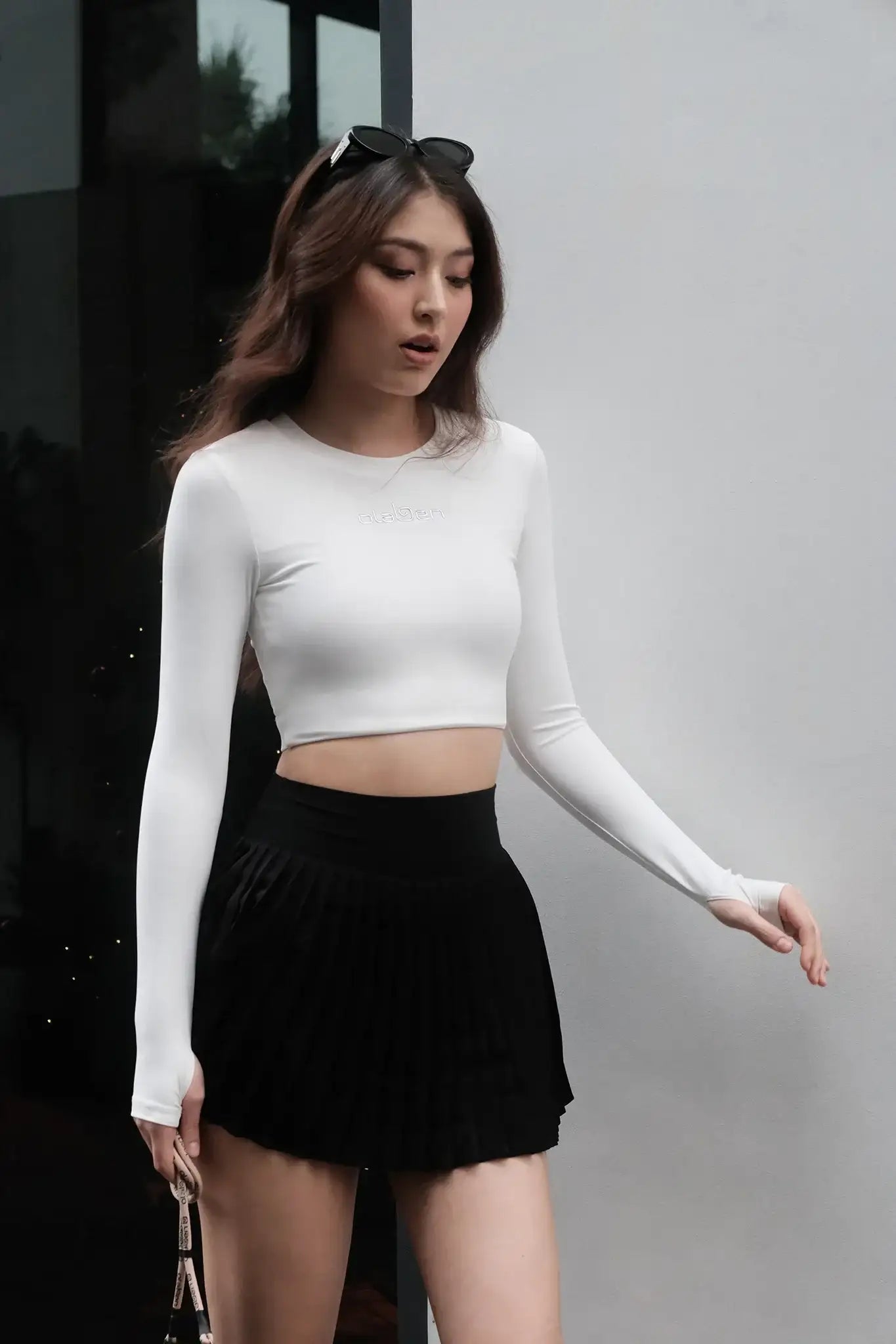 White All Day Long Sleeve Crop & Black Elite Pleated Skirt - White - Olaben