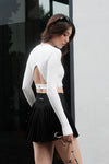 White All Day Long Sleeve Crop & Black Elite Pleated Skirt - White - Olaben - Bundle