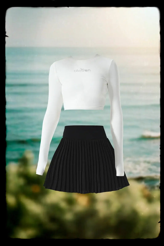 White All Day Long Sleeve Crop & Black Elite Pleated Skirt - White - Olaben