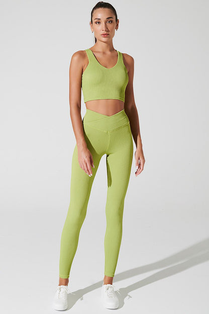 Green smoke ribbed leggings for women, perfect for a stylish and comfortable look.