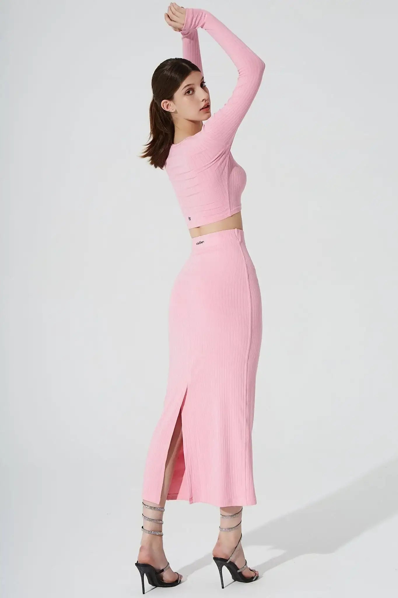 Calista Knitted Slit Skirt - Baby Pink - Olaben