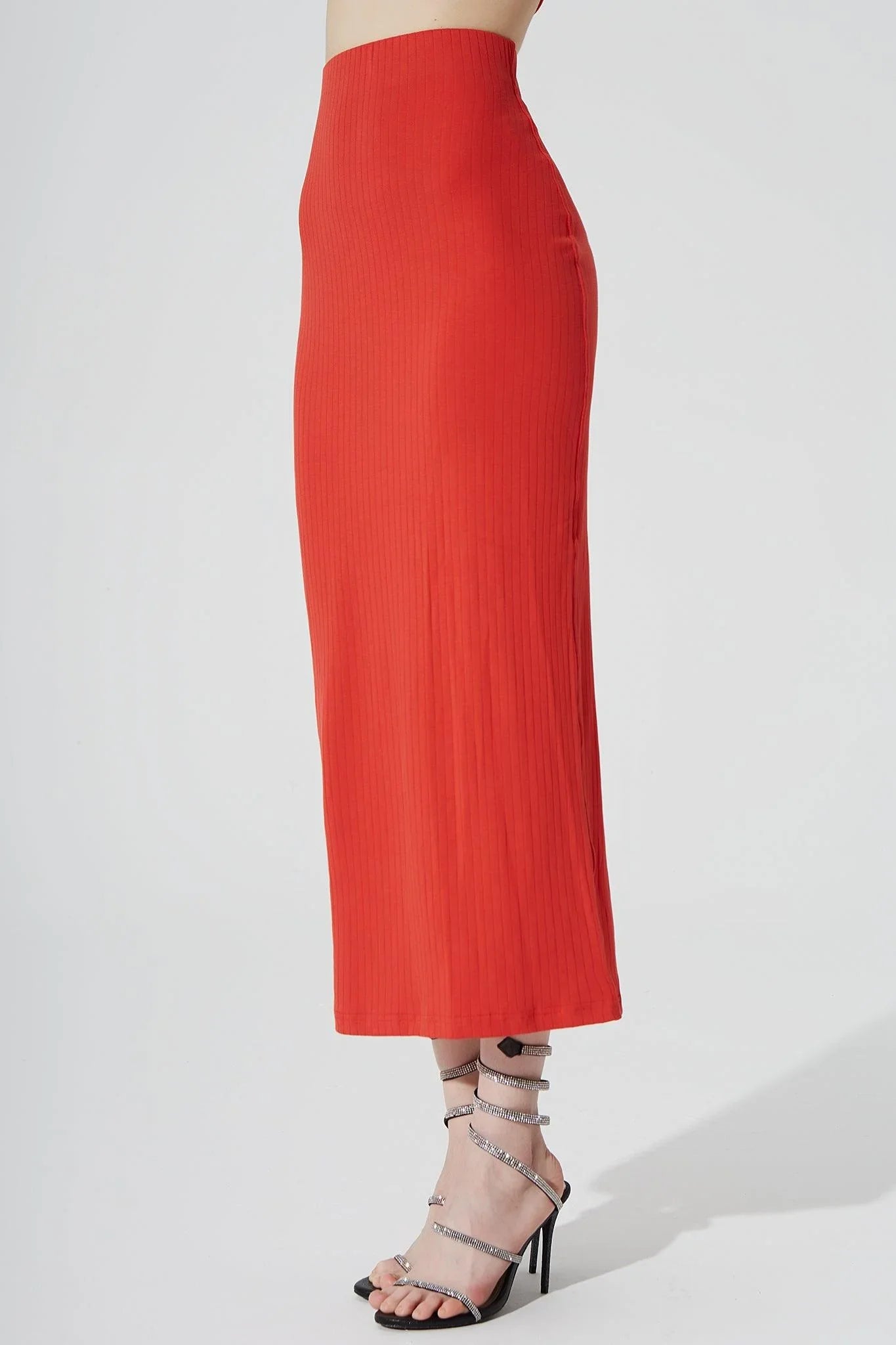 Calista Knitted Slit Skirt - Scarlet - Olaben - Womens Skirt