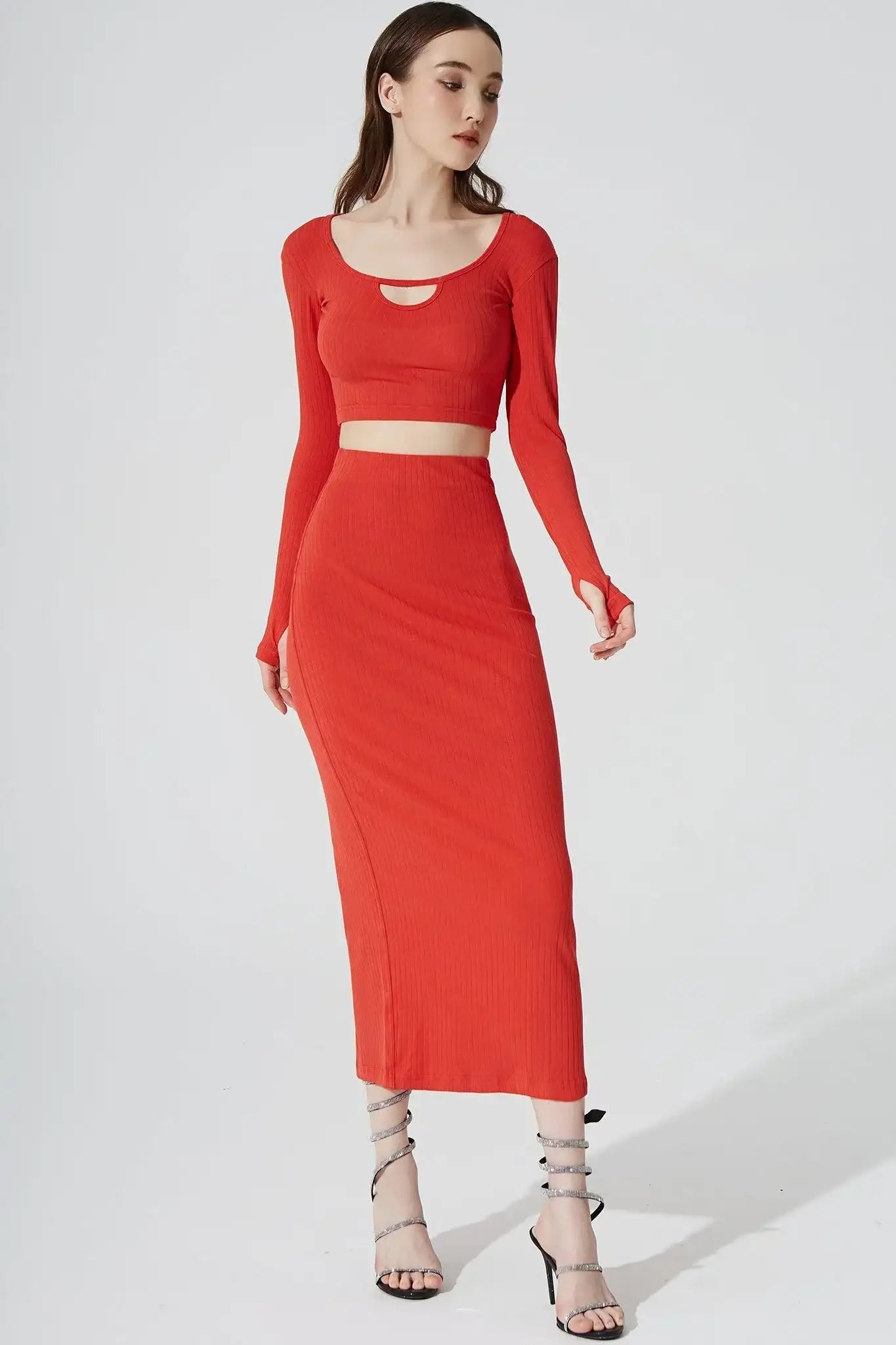 Calista Knitted Slit Skirt - Scarlet - Olaben