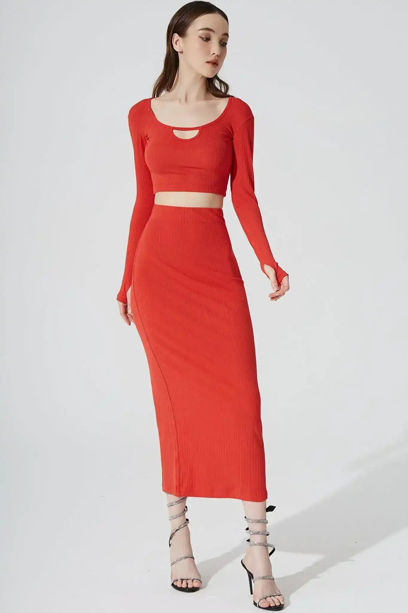 Calista Knitted Slit Skirt - Scarlet - Olaben
