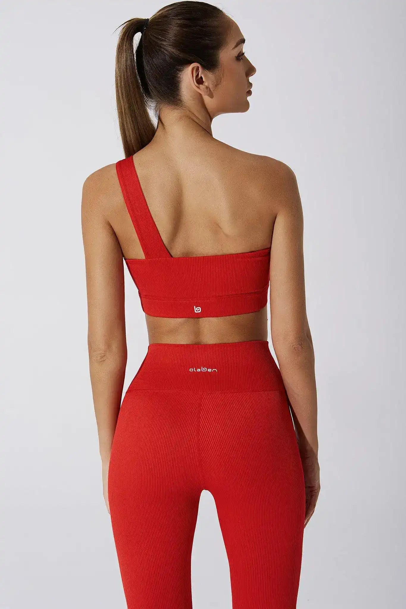 Olaben Caram Ribbed Off Shoulder Bra in Savvy Red — ribbed bra, lifestyle styled shot