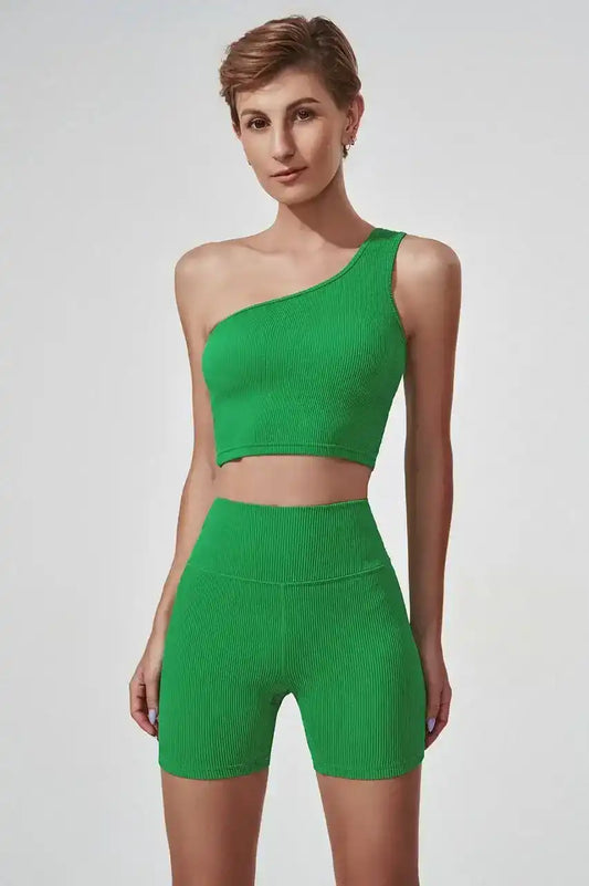 Olaben Christie Shoulder Bra in Fern Green — one-shoulder fit, hero studio shot