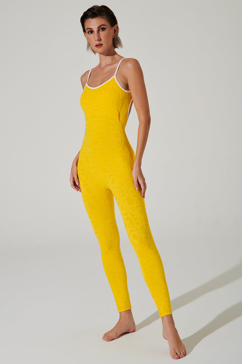Stylish 3D women's jumpsuit in vibrant gamboge yellow color by Coeur Del Jumpsuit.
