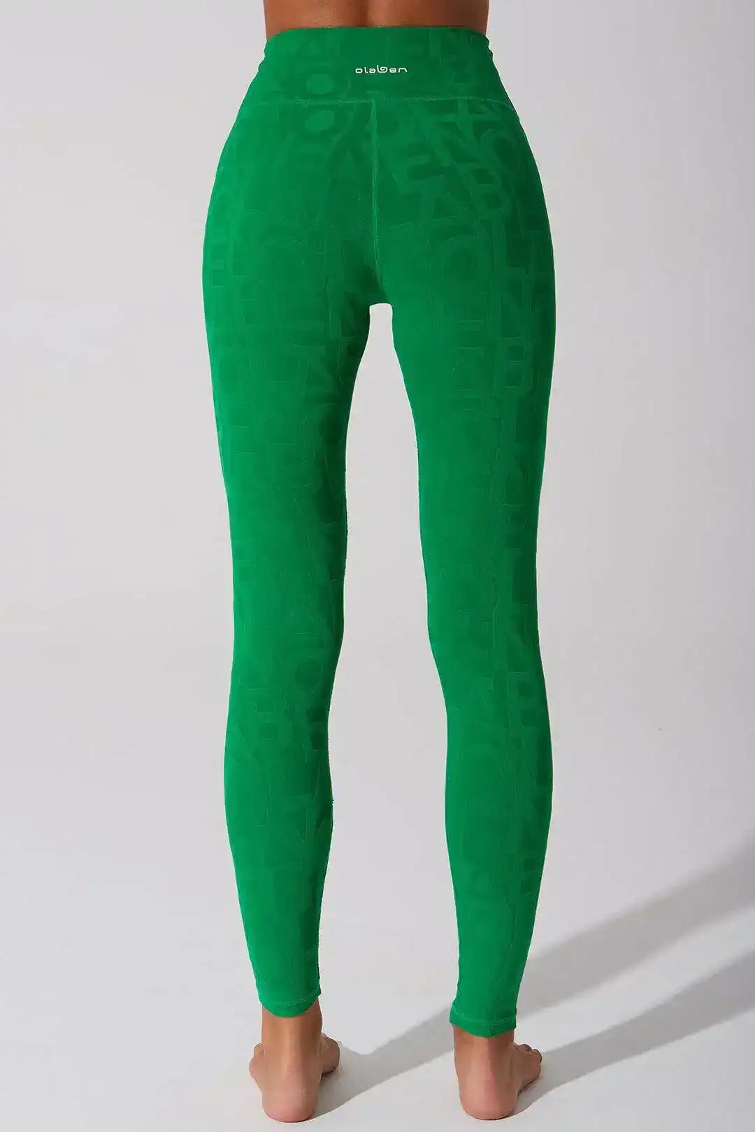 Back view of Olaben Classic Déese Fleur Legging 3D in Dark Green — 3D embossed fabric, sculpted high-waist fit, studio shot
