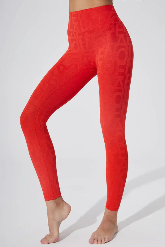 Front view of Olaben Classic Déese Fleur Legging 3D in Haute Red — 3D embossed signature fabric, high-waist studio shot