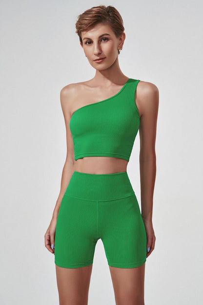 Stylish fern green women's biker shorts with ribbed texture, perfect for elite fashion enthusiasts.
