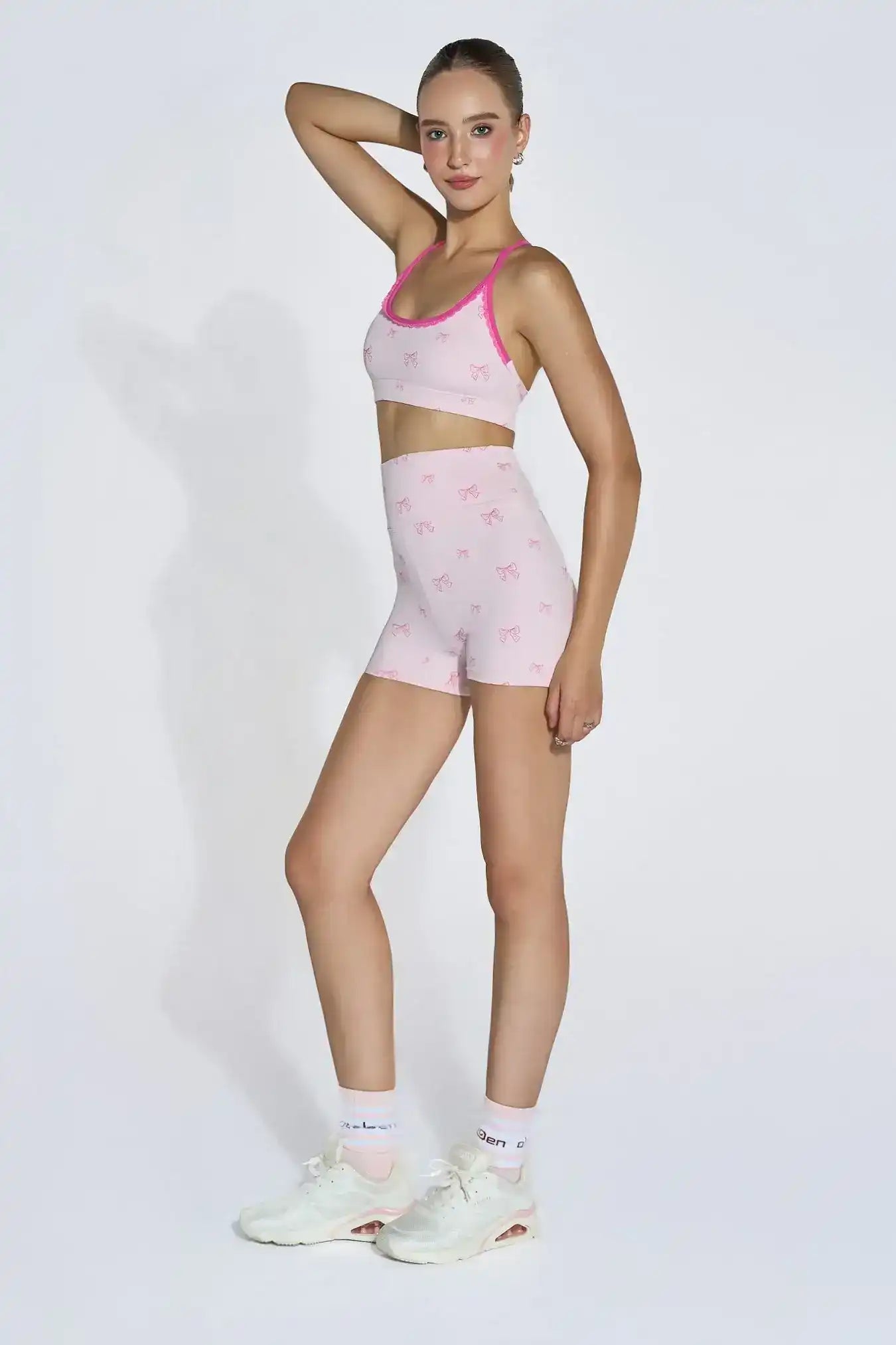 Front view of Olaben Ellie Sweet Bra in Pink Bow — ribbon-detail bra, studio shot