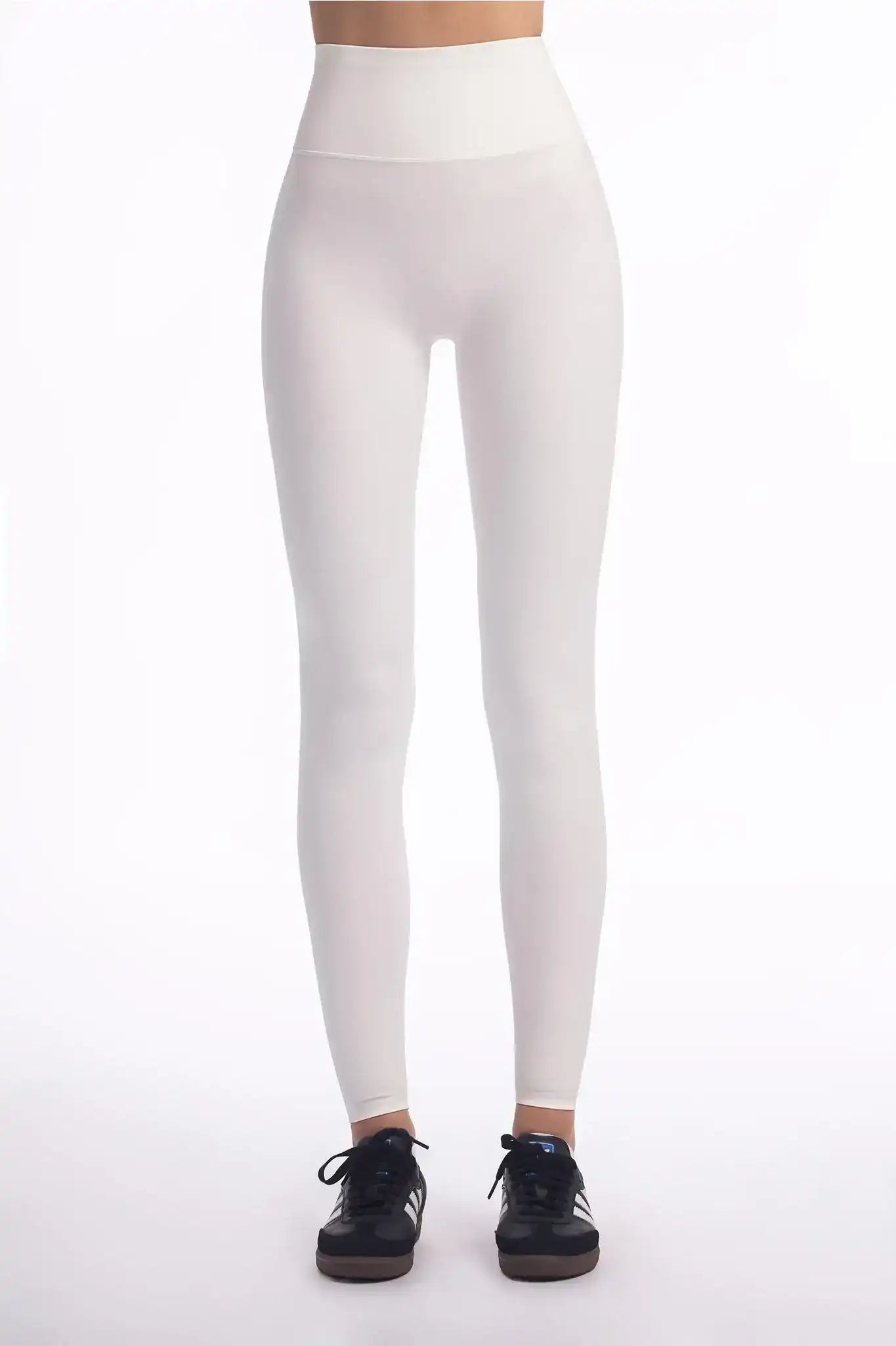 Front view of Olaben Evo High Rise Leggings in Off White cream — sculpting high-waist silhouette, studio shot