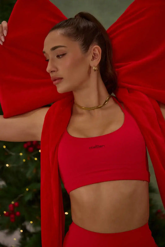 Olaben Evo Sculpt Bra in Lava red — Evo fabric bra, campaign hero shot