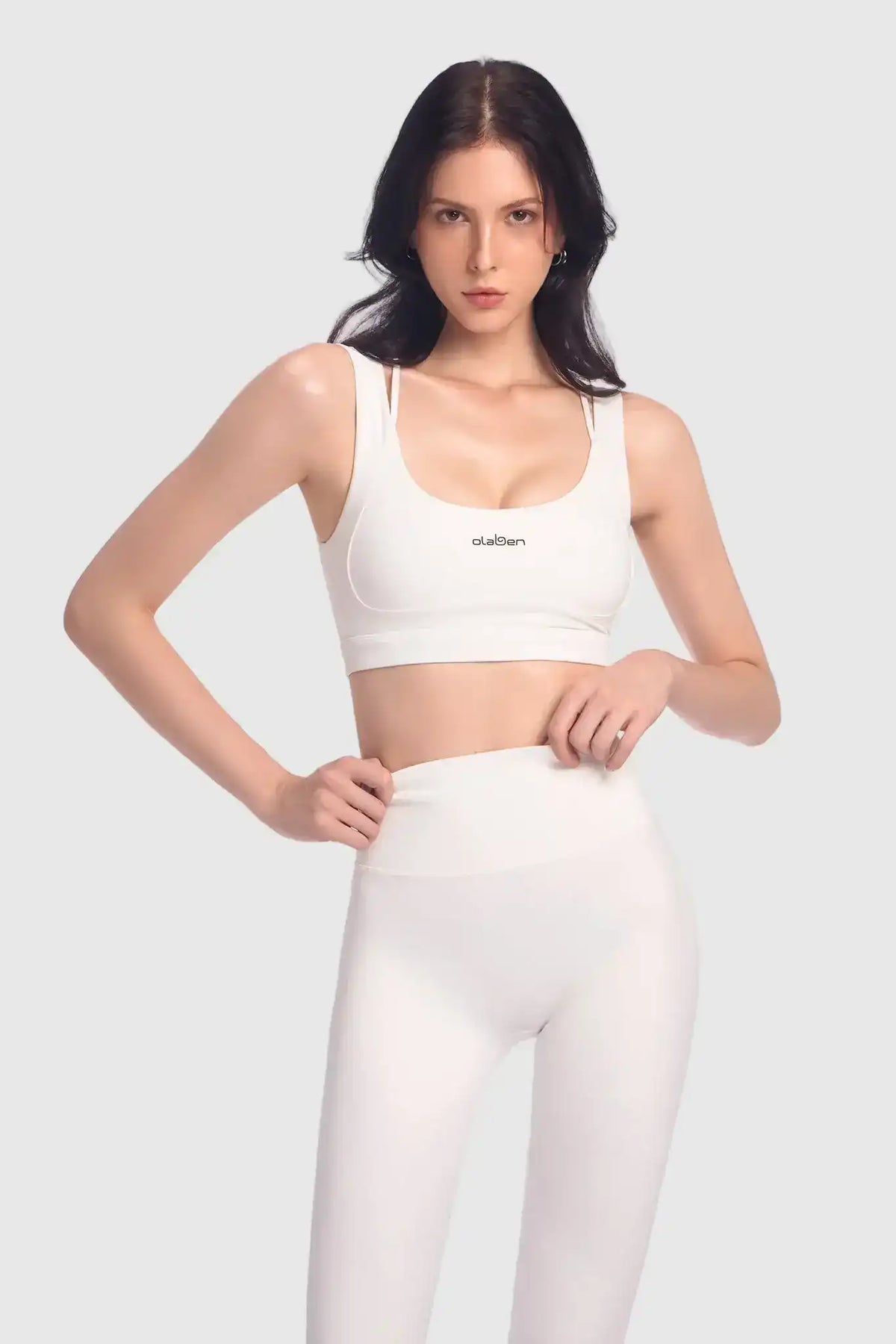 Back view of Olaben Evo Sculpt Bra in Off White cream — Evo fabric strap detail, studio shot