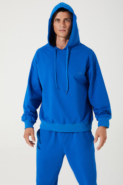 Men's hoodie in Atlantis blue, featuring a cropped design - OW-0033-MHO-BL - 3.jpg.