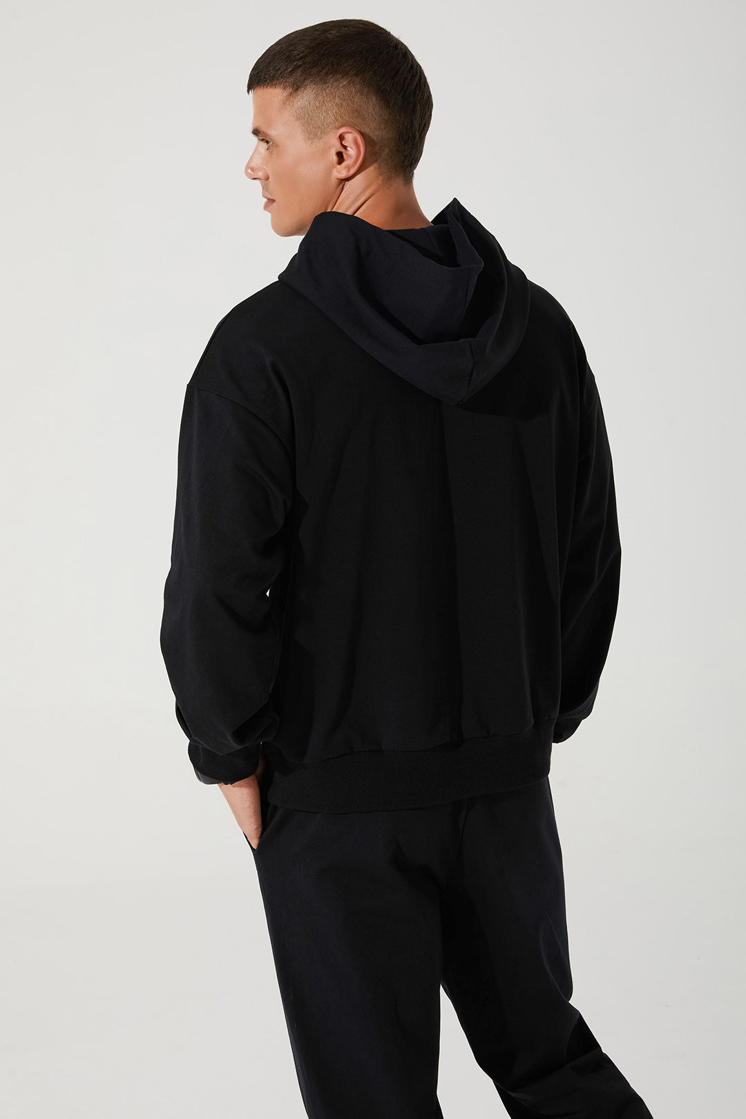 Black men's hoodie with cropped top design, style OW-0033-MHO-BK, available in size 3.