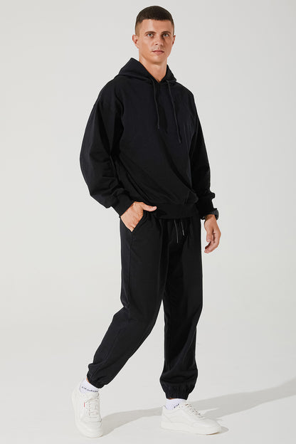 Black men's hoodie with cropped top design, style code OW-0033-MHO-BK, available in size 4.