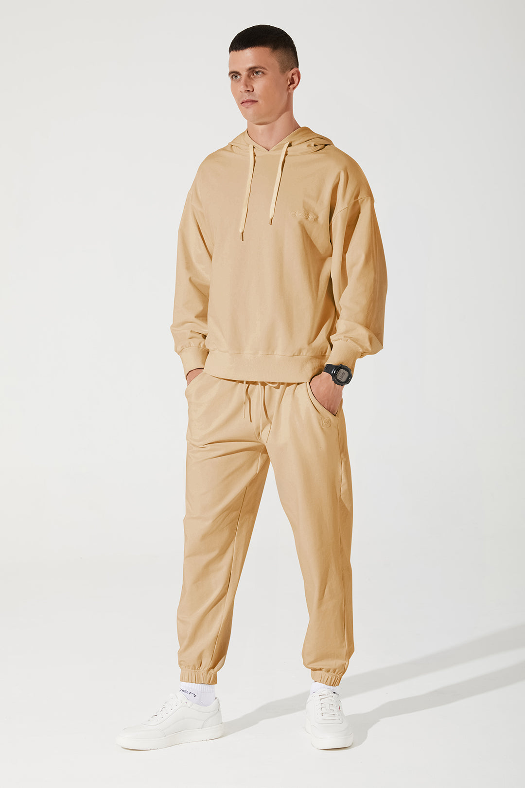 Stylish men's cappuccino beige hoodie with a cropped design - OW-0033-MHO-BG_2.jpg