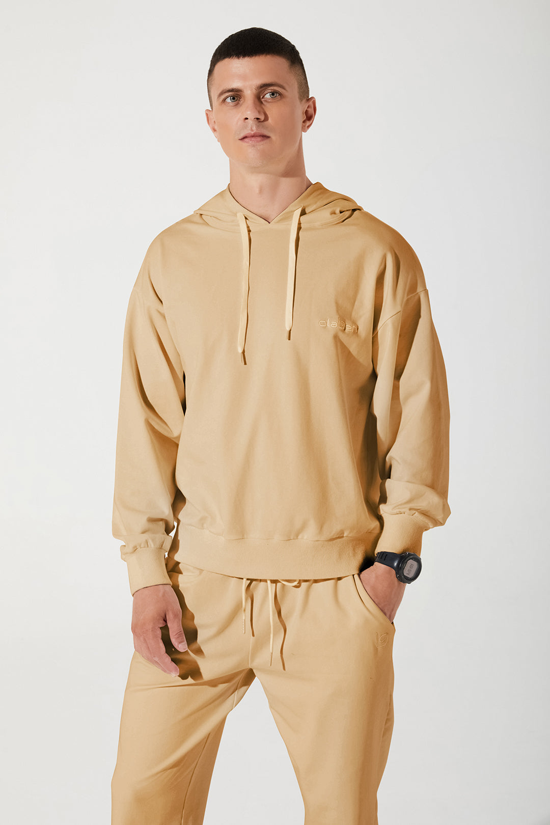 Stylish men's cappuccino beige hoodie with a cropped design - OW-0033-MHO-BG_3.jpg