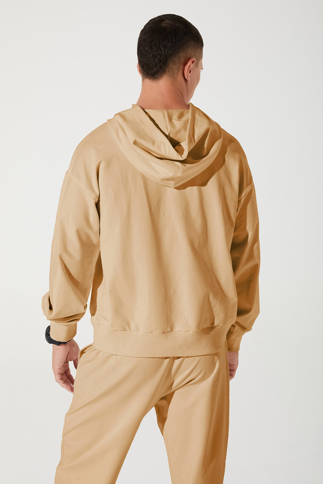 Stylish men's cappuccino beige hoodie with a cropped design - OW-0033-MHO-BG_5.