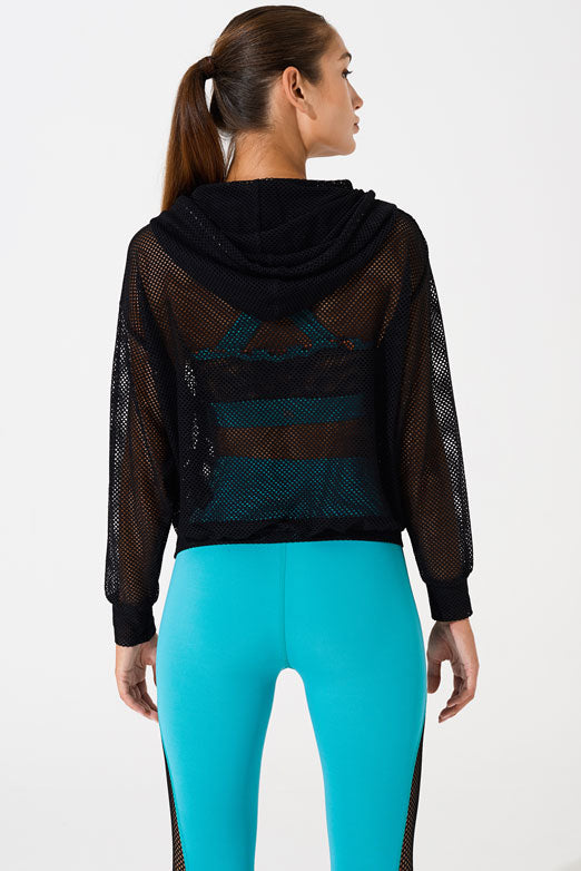Stylish black women's hoodie with mesh design, perfect for casual and trendy outfits.