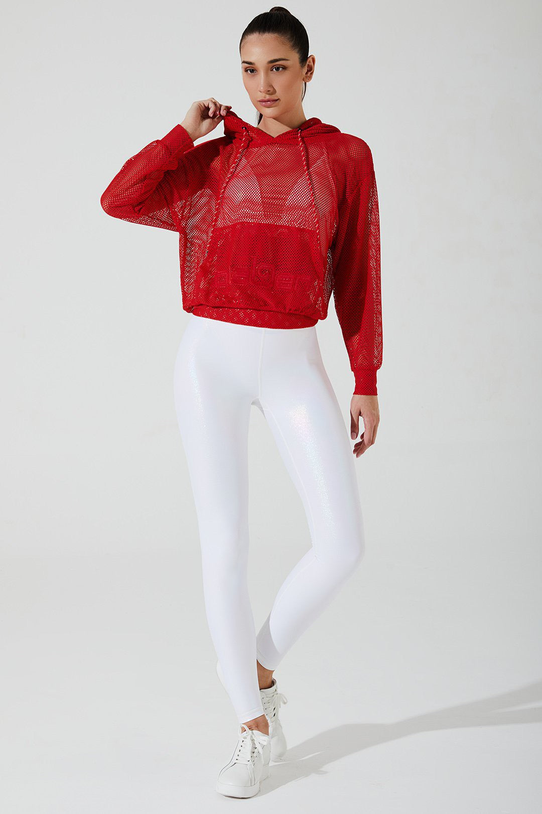 Stylish women's goji berry red hoodie with mesh design, perfect for casual fashion enthusiasts.