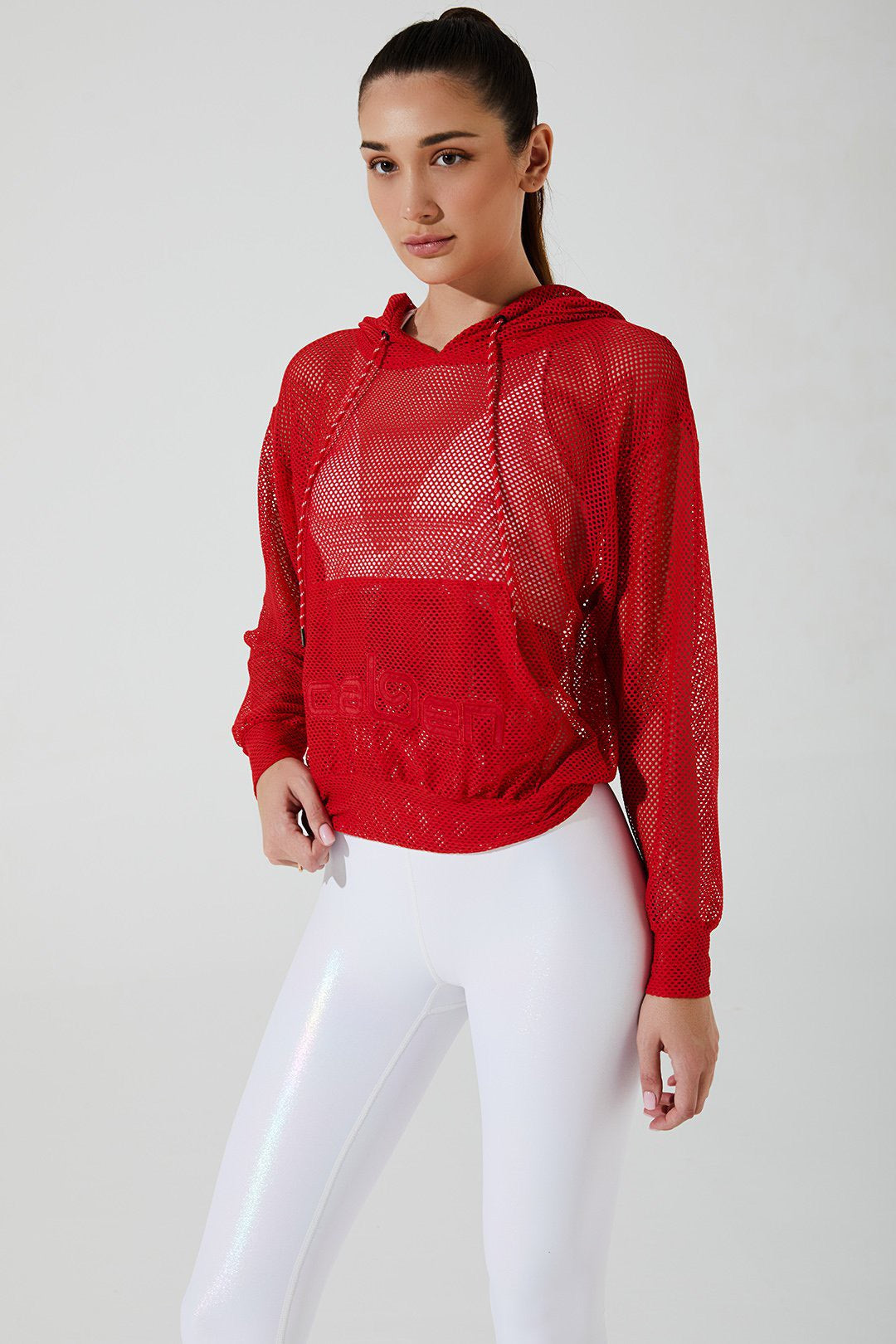Stylish women's goji berry red hoodie with mesh design, perfect for casual wear.