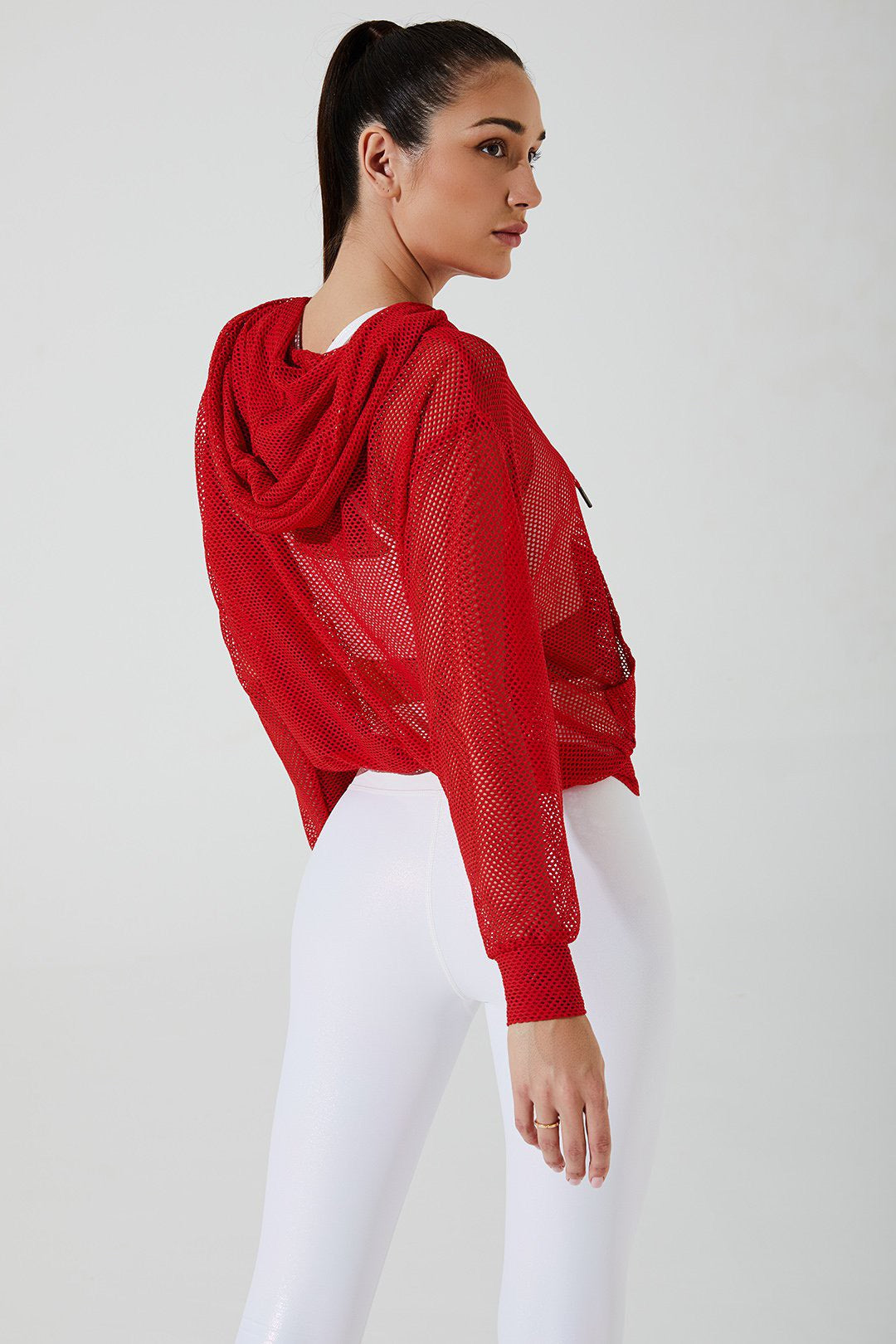 Stylish women's goji berry red hoodie with mesh design, perfect for casual wear.
