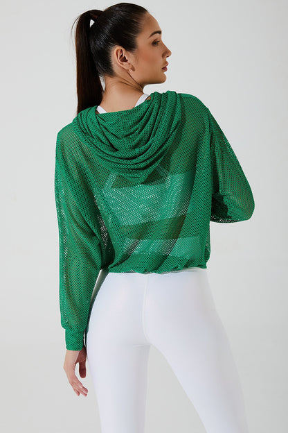 Stylish women's green hoodie with a mesh design, perfect for a vibrant and energetic look.