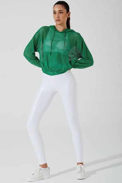 Stylish women's green hoodie with a mesh design, perfect for a vibrant and energetic look.