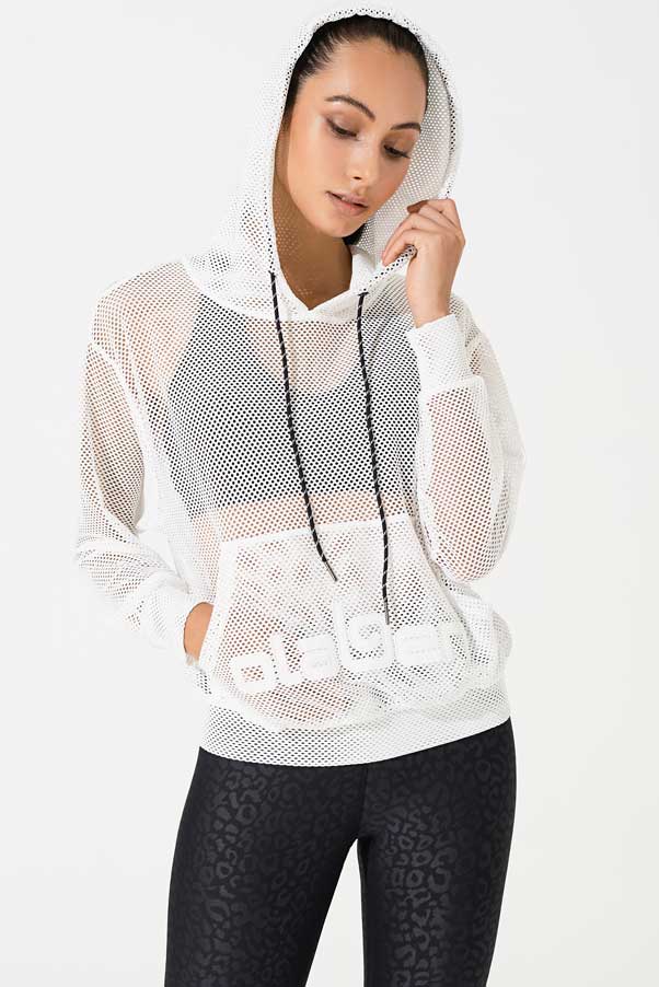 Stylish white women's hoodie with mesh design, perfect for casual and trendy outfits.