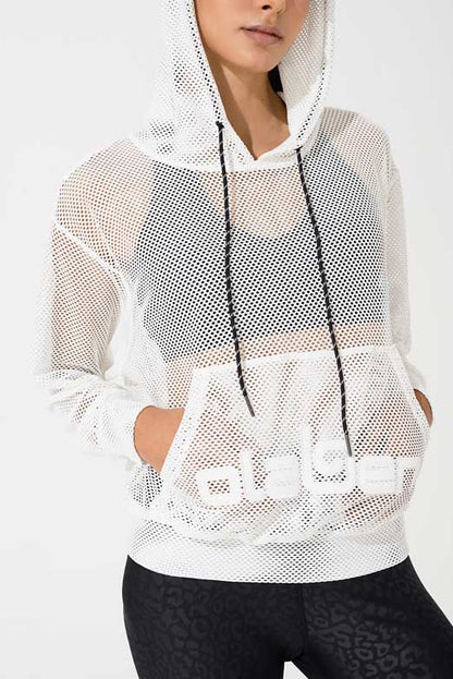 White women's hoodie with mesh Carlo design, perfect for a stylish and comfortable look.
