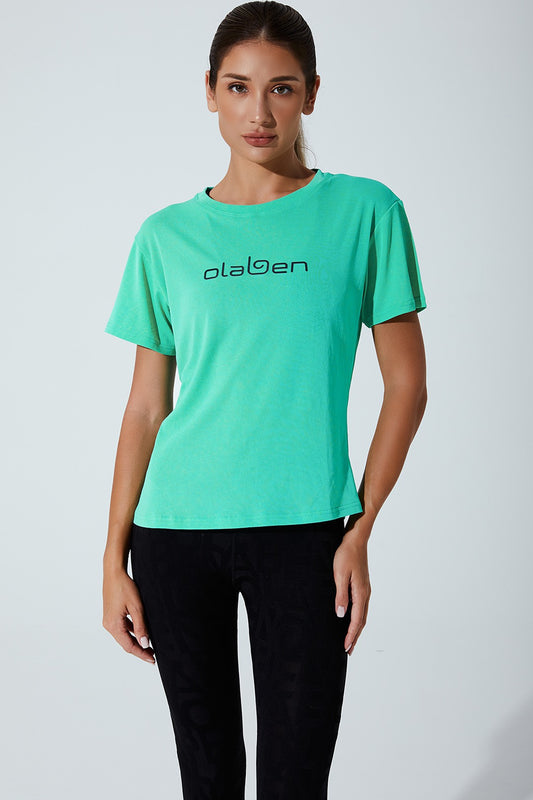 Women's short sleeve athletic tee in downy green, perfect for a sporty and stylish look.