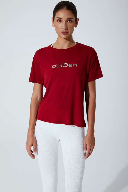 Savvy red ultramarine women's short sleeve athletic tee with the brand name 'Olaben'