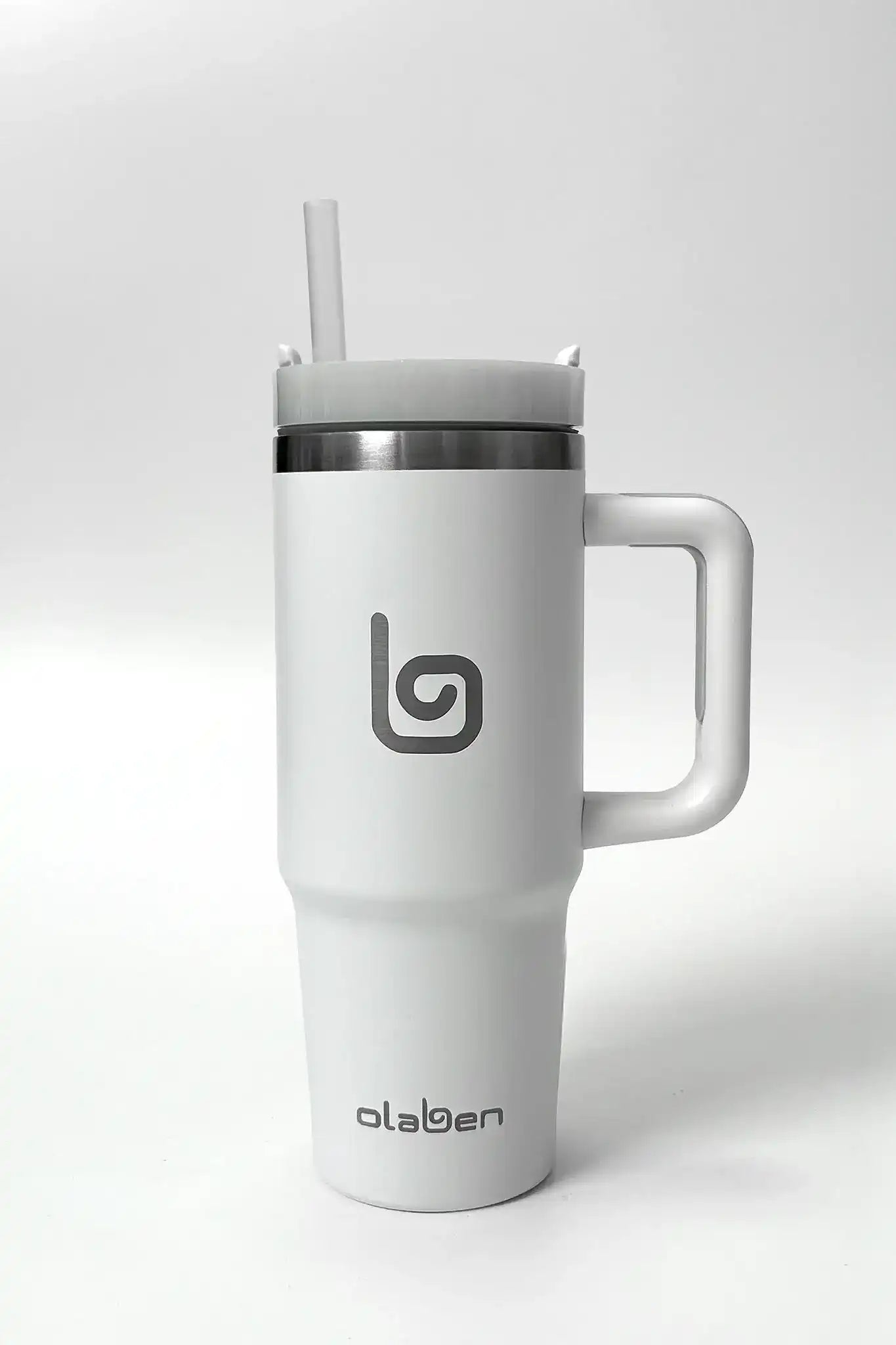 White insulated travel mug with handle and straw, featuring Olaben logo for fitness hydration