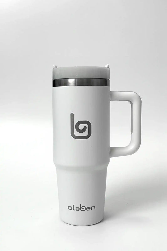 White Olaben travel mug with handle, stainless steel lid, and logo for on-the-go hydration