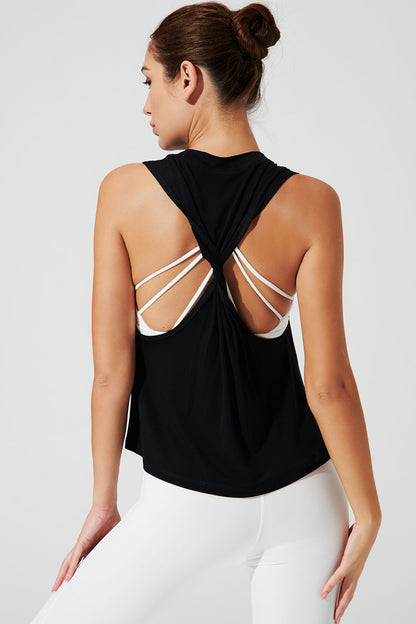 Black women's twisted-back tank top - stylish and versatile fashion for any occasion.