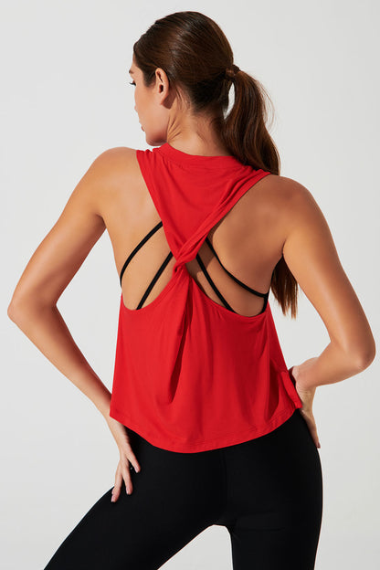 Stylish women's tank top in Venetian red with a twisted-back design - OW-0124-WTT-RD.