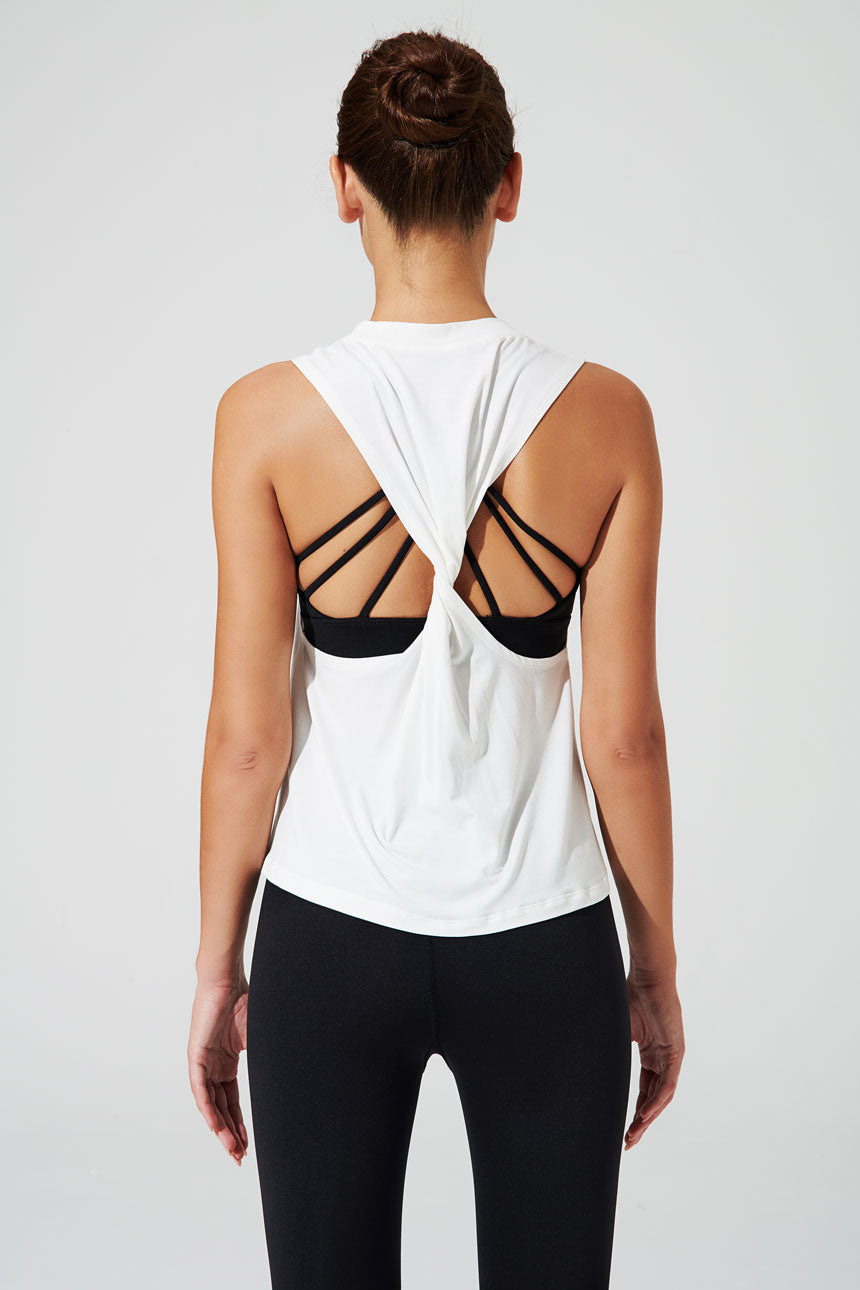 White women's tank top with twisted back design - OW-0124-WTT-WT - stylish and versatile.