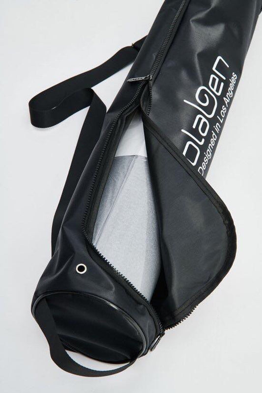 Black yoga mat bag with multiple compartments and a matching black yoga mat inside.